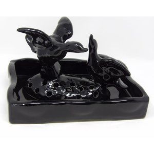Vintage Camark Pottery Black Pair of Ducks Flower Frog with Matching Black Pond